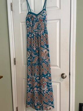 Teal Paisley Maxi Dress with Spaghetti Straps